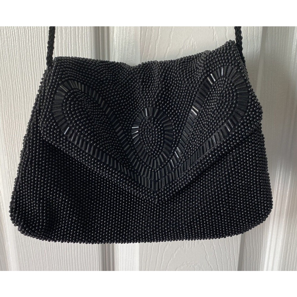 Beaded Vtg Deco Clutch Shoulder Bag Black Convertible Formal Cocktail Seed Beads